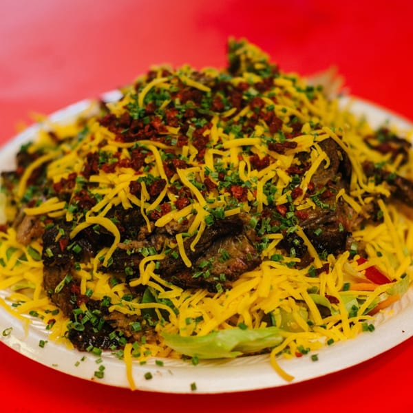 Scruggs BBQ brisket salad with shredded cheese, bacon bits, and chives on a red background.